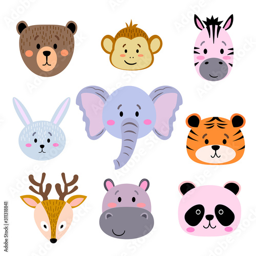 Set of cute simple animals heads - bear, monkey, zebra, rabbit, elephant, tiger, deer, hippo, panda. Сartoon Portrait Set with Flat Design. Vector illustration