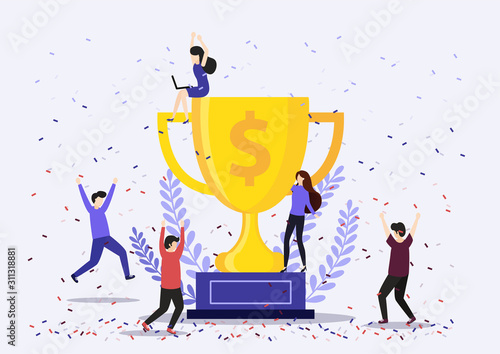 Businessman holding winning trophy. Victory concept.