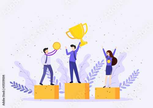 Businessman holding winning trophy. Victory concept.