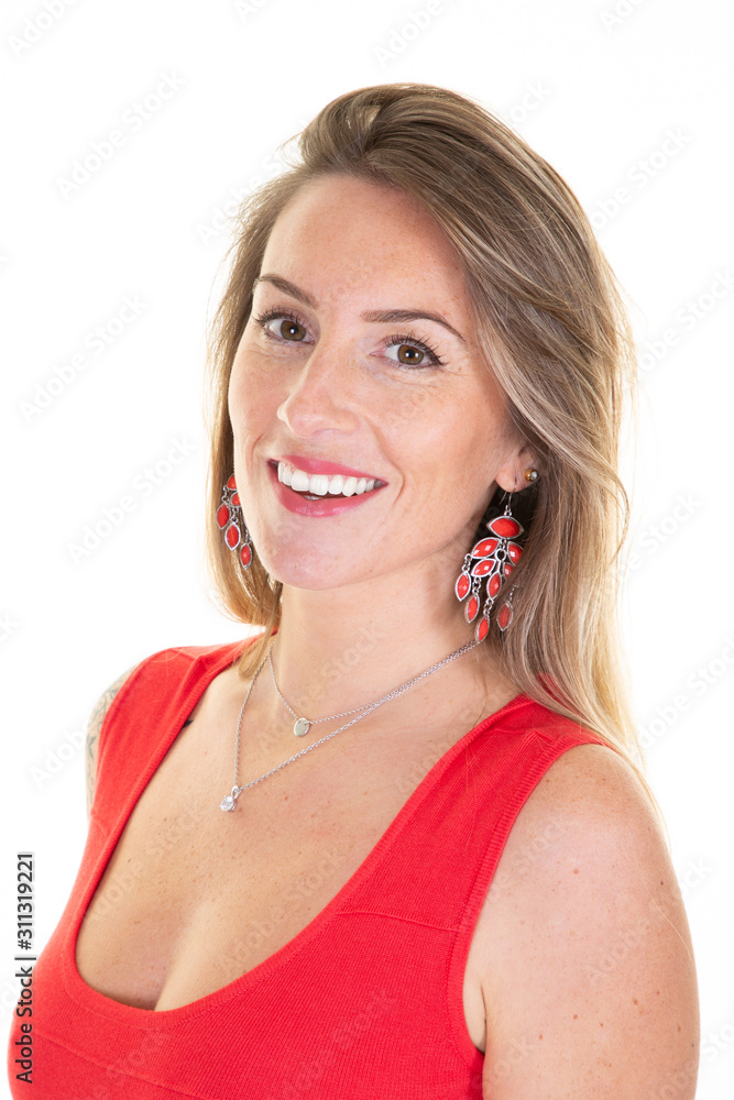 Smiling likable sincere blonde pretty charming business woman portrait on a white background Smiling likable sincere blonde pretty charming business woman portrait on a white background