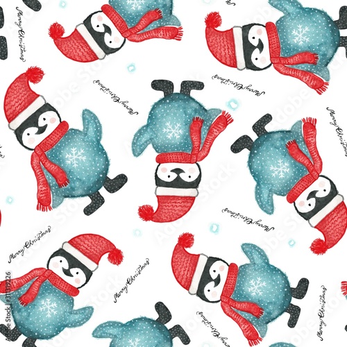 Fototapeta Naklejka Na Ścianę i Meble -  Christmas seamless pattern with penguins.  illustration.