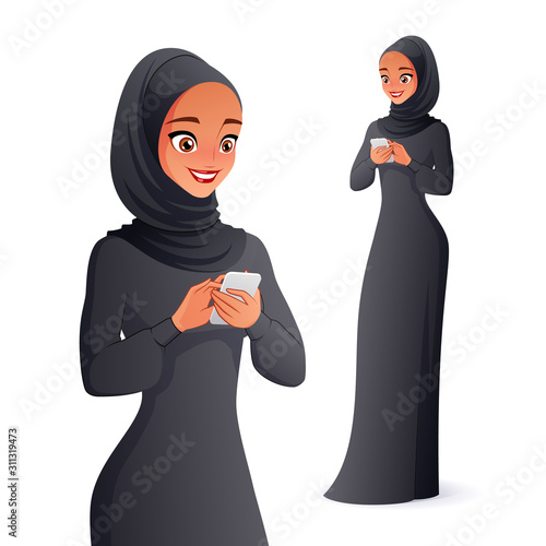 Beautiful Arab woman in hijab texting on mobile phone. Isolated vector illustration.