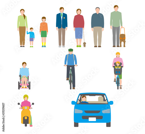 人、自転車、自動車を正面から見たイラスト