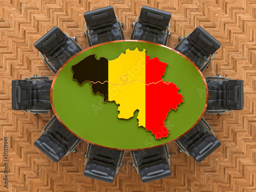 Belgian goverment meeting. Map of Belgium on the round table, 3D rendering photo