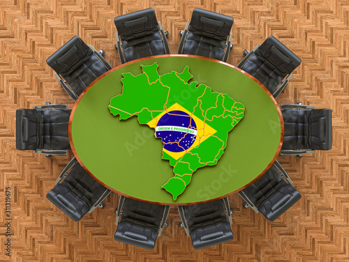 Brazilian goverment meeting. Map of Brazil on the round table, 3D rendering photo