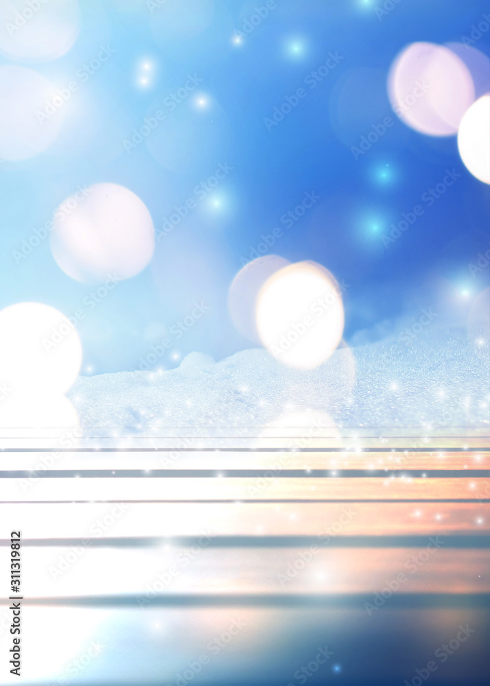 Dark winter background. Wood table top in the foreground, blurred festive background with bokeh in the foreground Dark winter background. Wood table top in the foreground, blurred festive background with bokeh in the foreground