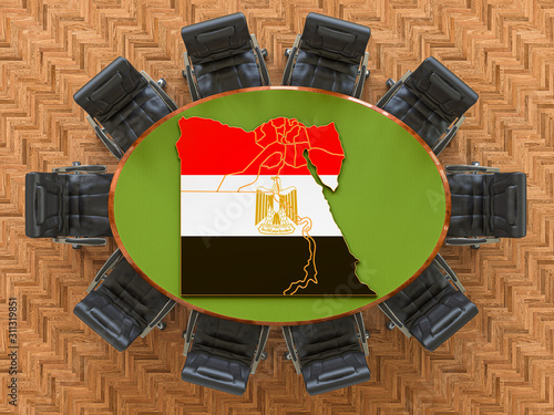 Egyptian goverment meeting. Map of Egypt on the round table, 3D rendering photo