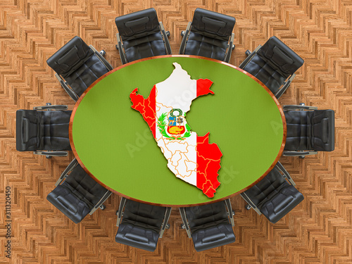 Peruvian goverment meeting. Map of Peru on the round table, 3D rendering photo