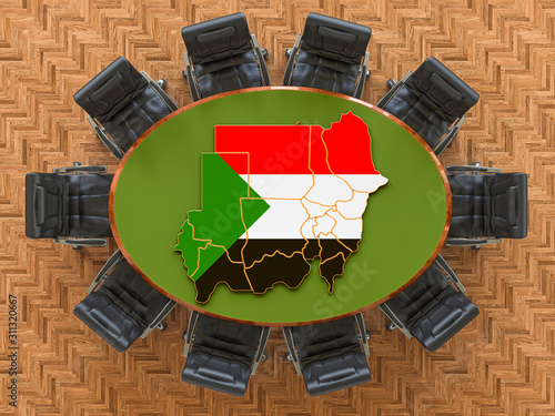 Sudanese goverment meeting. Map of Sudan on the round table, 3D rendering photo