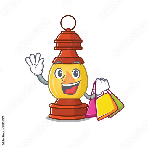 Happy face lantern Scroll mascot style waving and holding Shopping bag