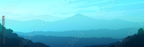 Natural forest trees mountains horizon hills and the route Sunrise and sunset Landscape wallpaper Illustration vector style Colorful view background