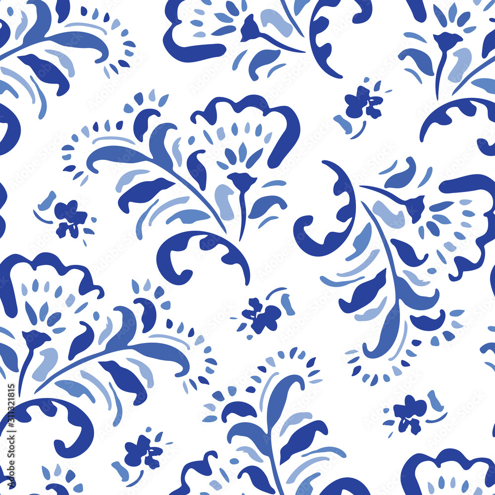Blue Hand-Drawn Folk Classic Chintz Floral Vector Seamless Pattern on White Background