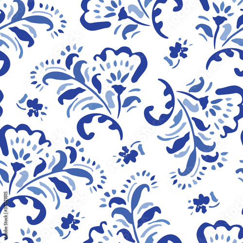 Blue Hand-Drawn Folk Classic Chintz Floral Vector Seamless Pattern on White Background photo