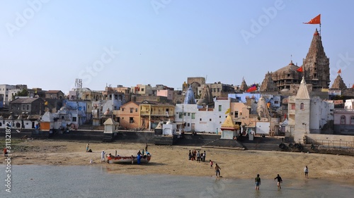 View on the ghat and  the city of Dwarka, also know as 