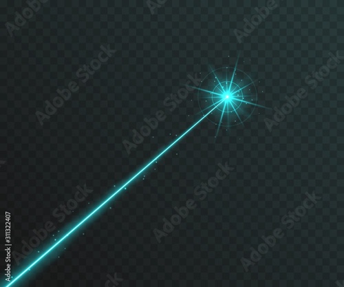 Blue laser beam light effect isolated on transparent background. turquoise neon light ray with sparkles.