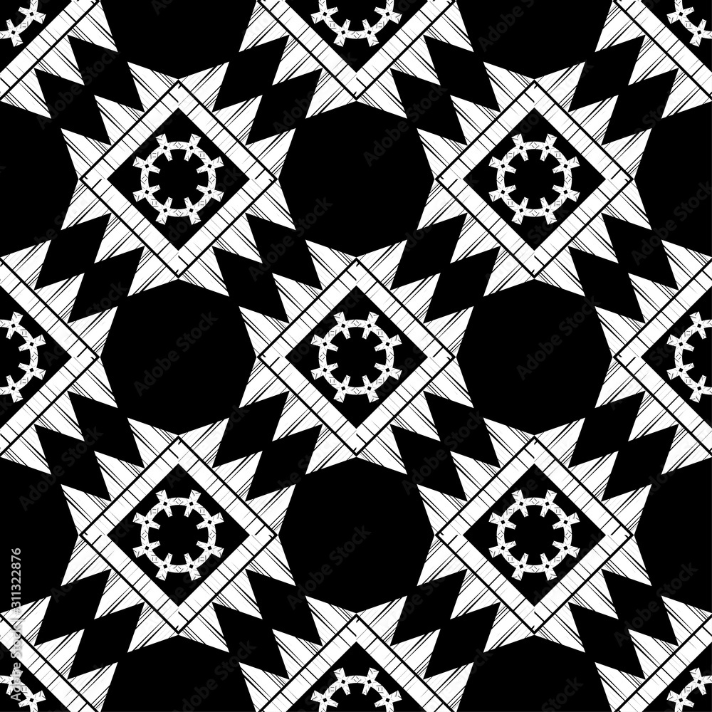 Fototapeta premium Black and white design. Ethnic boho seamless pattern. Lace. Embroidery on fabric. Patchwork texture. Weaving. Traditional ornament. Tribal pattern. Folk motif. Vector illustration for web design or pr