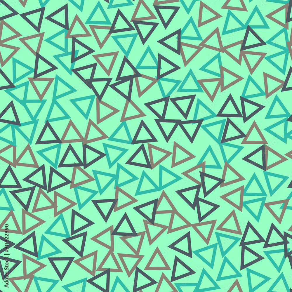 Empty triangles - seamless pattern. Brown, gray, blue triangles and turquoise background. For wrappers, fabrics, floor or walls in bathroom or kitchen; for tablecloth, paper. Empty triangles - seamless pattern. Brown, gray, blue triangles and turquoise background. For wrappers, fabrics, floor or walls in bathroom or kitchen; for tablecloth, paper.