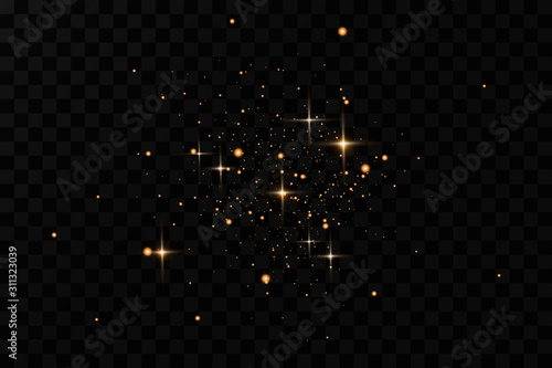 Gold sparks and golden stars glitter special light effect. Vector sparkles on transparent background. Christmas abstract. dust photo