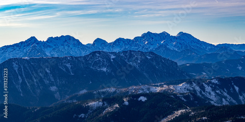 Panoramic view of the Kamnik-Savinja alps from the top of the Peca mountain, Slovenia