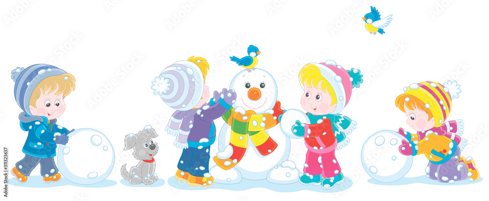 Obraz premium Happy little kids making big snow balls and sculpting a friendly smiling funny snowman with a colorful scarf, vector cartoon illustration