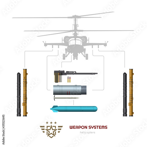 Military weapon of airplane or helicopter. Isolated 3d image of airplane ammo. Aircraft ammunition: missile, bomb and machine gun