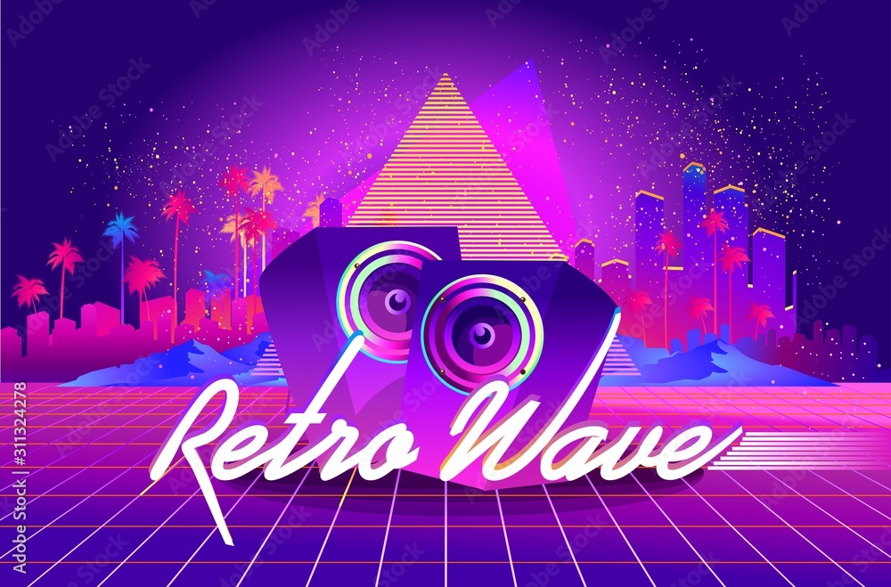Fototapeta premium Synthwave cyber landscape with laser grid