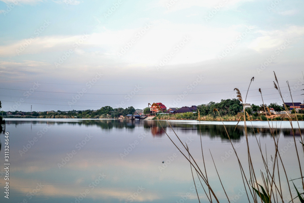 Fototapeta premium A large river with green reeds on the shore. A blue sky with light clouds reflected in the water.