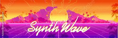 Synthwave cyber landscape with laser grid