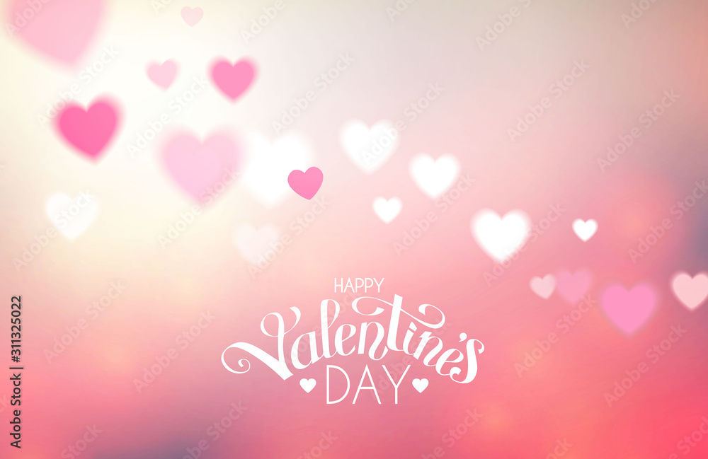 Happy Vanentine s Day Feelings and love design with hearts, lettering and bokeh effect. Pink blur space.