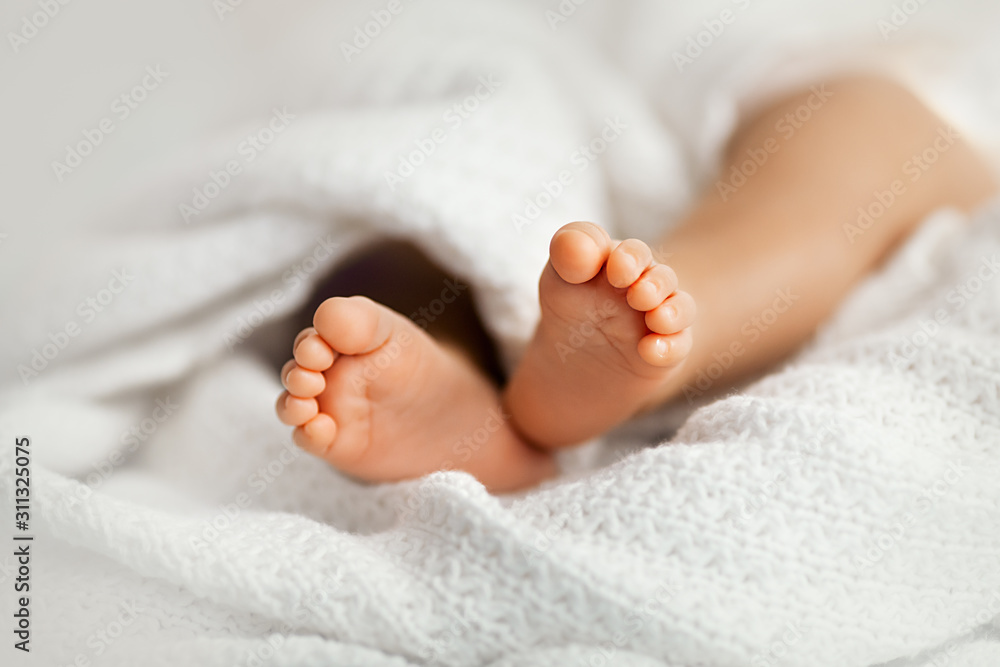 Adorable baby legs covered in a white blanket, maternity and babyhood concept Adorable baby legs covered in a white blanket, maternity and babyhood concept