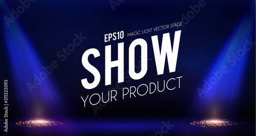 Empty scene with stage curtain and spotlights. Shining show design.