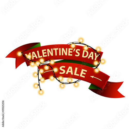 Valentine's day sale, shop now, red discount banner in form of ribbon wrapped with garland