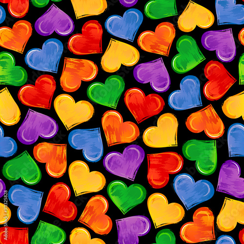 Bright seamless pattern with colorful hearts on black background. LGBT pride symbols.