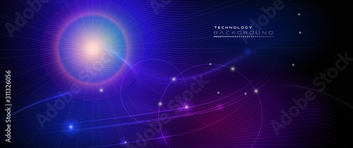 Illustration Abstract glowing, neon light effect, wave line, wavy pattern. Vector design communication techno on blue background. Futuristic digital technology for web or banner background