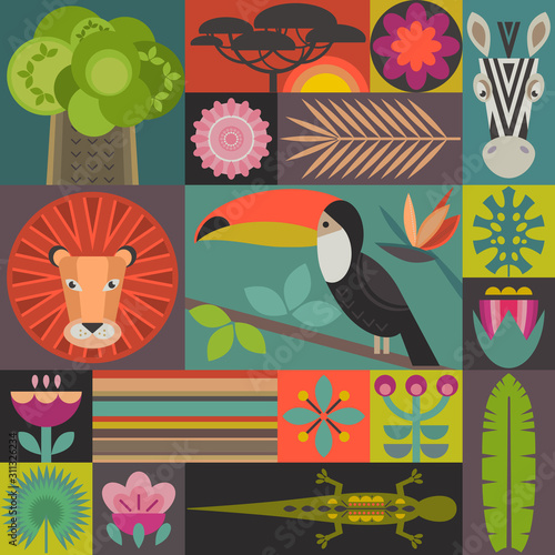 Vector seamless pattern with geometric cartoon African animals  jungle plants and trees. Patchwork mosaic design.