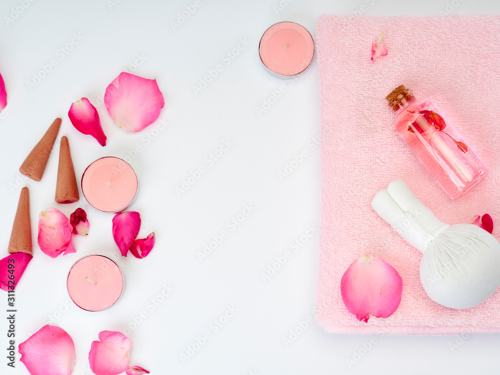 Spa products of rose essential oil.