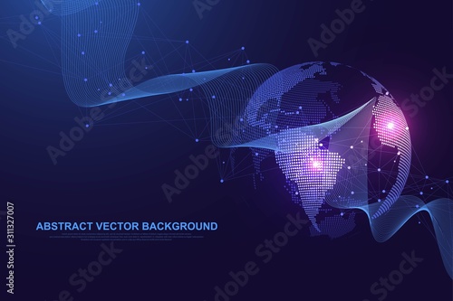 Global social network. Networking and data connection concept. Worldwide internet and technology. Dynamic waves connected by plexus light lines. Virtual digital composition. Vector illustration.