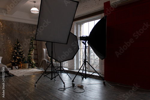 Christmas photo studio, decor in a photo studio
