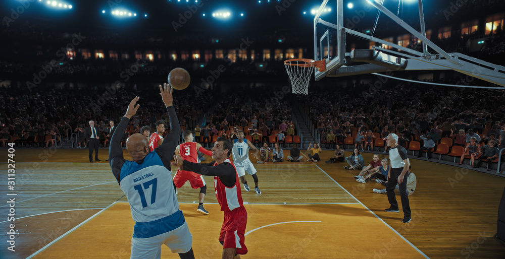 Fototapeta premium Basketball players on big professional arena during the game. Tense moment of the game. Celebration