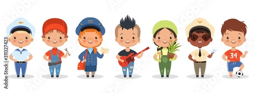 Kids professions. Cartoon happy children different professions vector characters. Profession job children, occupation different kids illustration