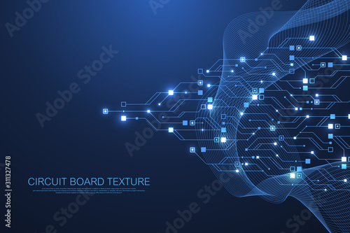 Technology abstract circuit board texture background. High-tech futuristic circuit board banner wallpaper. Digital data. Engineering electronic motherboard. Minimal array Big Data Vector illustration