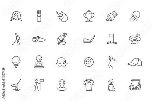Golfing icon. Sport club vector symbols bag with sticks rockets mini golf balls car. Golf car, sport game set icons illustration