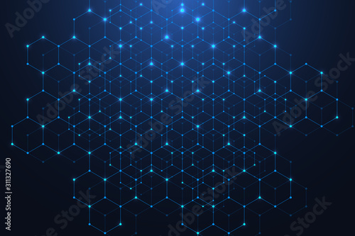Technology abstract lines and dots connect background with hexagons. Hexagons connection digital data and big data concept. Hex digital data visualization. Vector illustration.