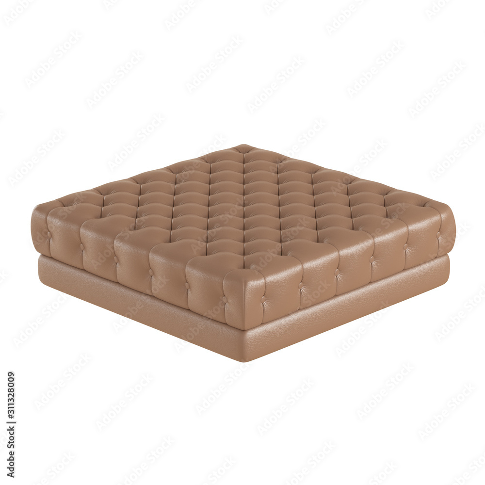 Square quilted leather brown pouf on a white background. 3d rendering Square quilted leather brown pouf on a white background. 3d rendering