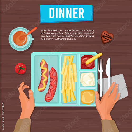 Lunch top view. School food tray on table sort products meals fruits snacks and drinks school boy eating hands vector pictures of lunch. School lunch food, snack nutrition on tray illustration
