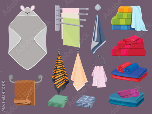 Textile cottons. Fabric blankets and kitchen rags bathroom hygiene vector colorful cartoon elements. Collection softness towel on hanger for hygiene illustration