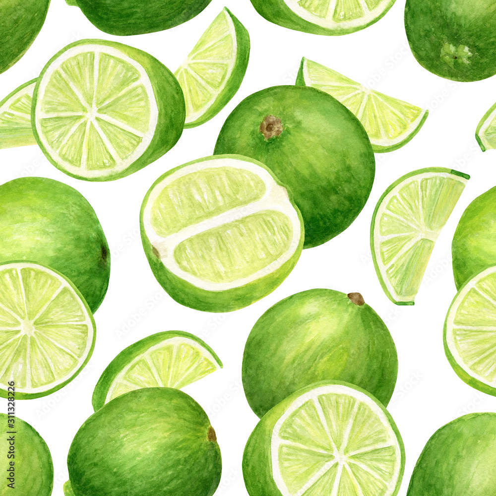 Watercolor lime seamless pattern. Hand drawn botanical illustration of citrus slices and fruits isolated on white background