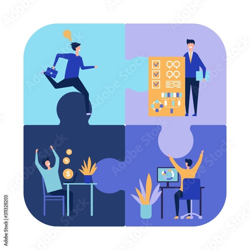 Collaboration concept. Successful teamwork vector illustration. Flat businessmen characters, realization of ideas. Brainstorming and creative puzzle idea project