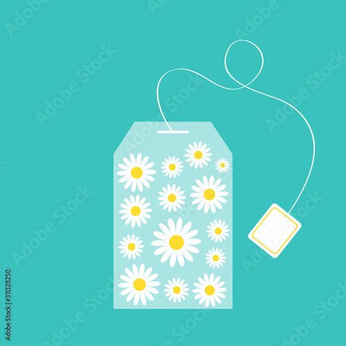 Tea bag herbal chamomile daisy camomile flower set inside. Teabag packaging with label icon. Top wiew. Flat design. Isolated. Green background.