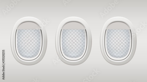 Airplane windows. Inside realistic plane windows vector template. Portholes grey background with transparent elements. Plane inside porthole, aircraft cabin illustration